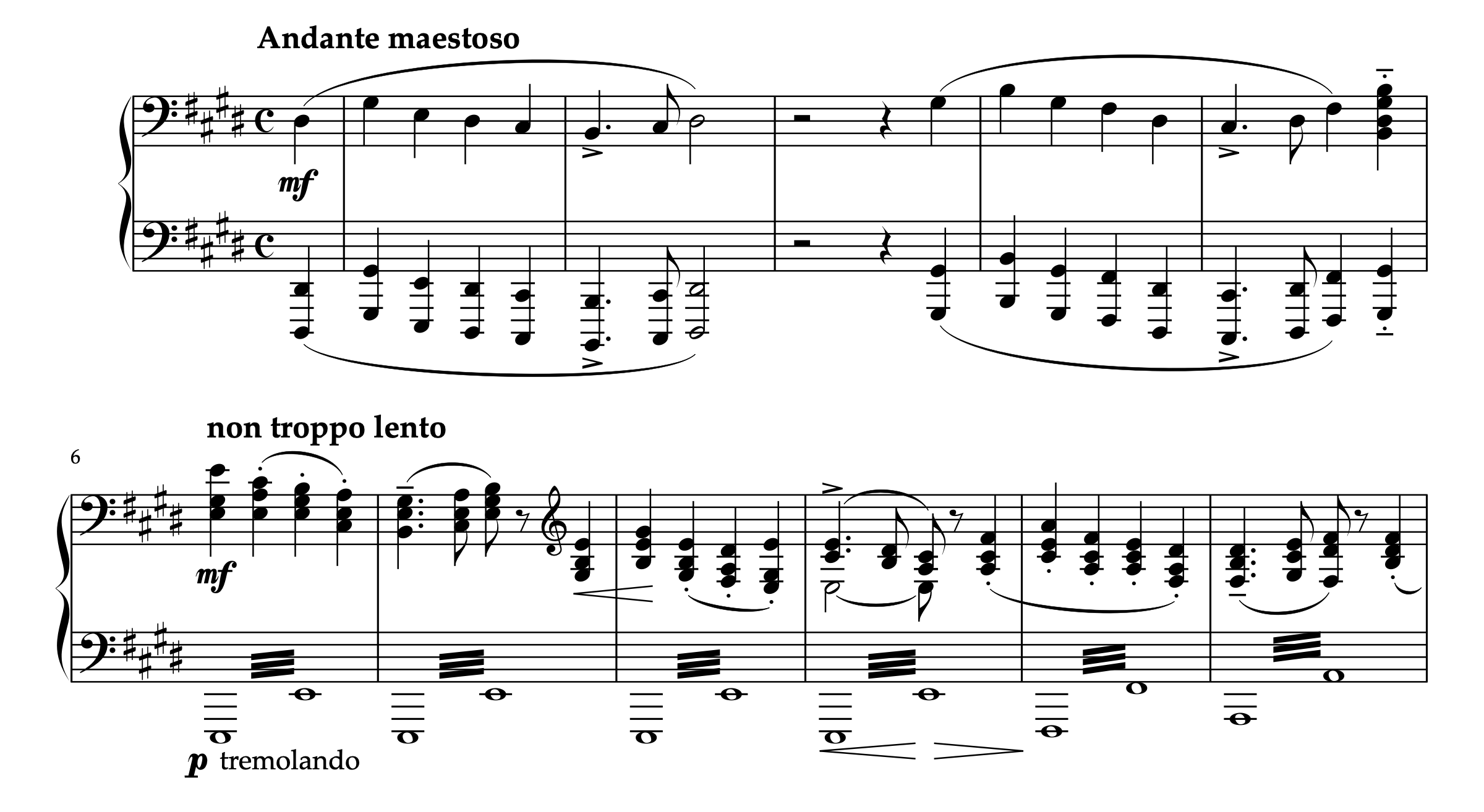 リスト作曲「伝説 より 第2曲 水の上を歩くパオラの聖フランチェスコ S.175 R.17」の冒頭部分の楽譜。ト音記号とヘ音記号の両手パートが記載されたピアノ譜。