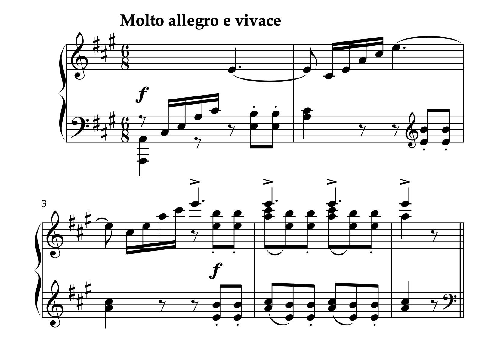 メンデルスゾーン「無言歌集 狩の歌 Op.19-3」の冒頭部分の楽譜。付点4分音符、8分音符、16分音符など多様な音価とスタッカート、スラーが含まれリズム表現の重要性を示している。