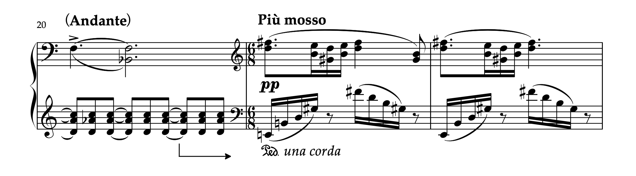 グリーグ「ノクターン Op.54-4」の20-22小節の楽譜。ソフトペダルの踏み込みポイントが示されている。
