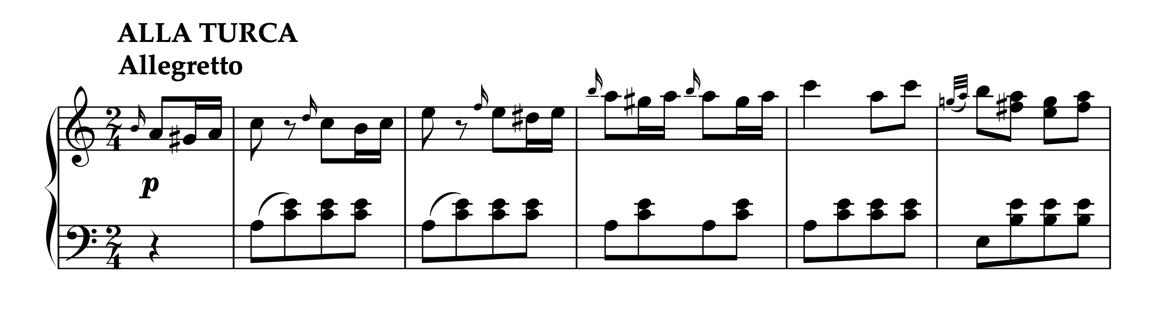 モーツァルト ピアノソナタ イ長調 K.331(トルコ行進曲付き)第3楽章 冒頭の楽譜。16分音符相当の音が装飾音符で記譜されている例。