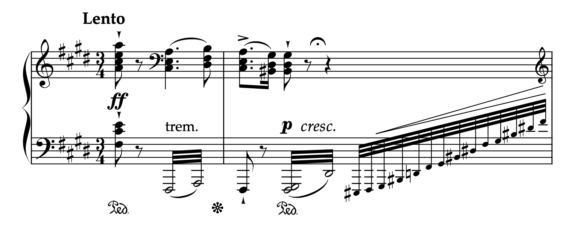 リスト「スペイン狂詩曲」の楽譜。曲の冒頭の譜例が掲載されており、左手パートにトレモロ記号が記されている。