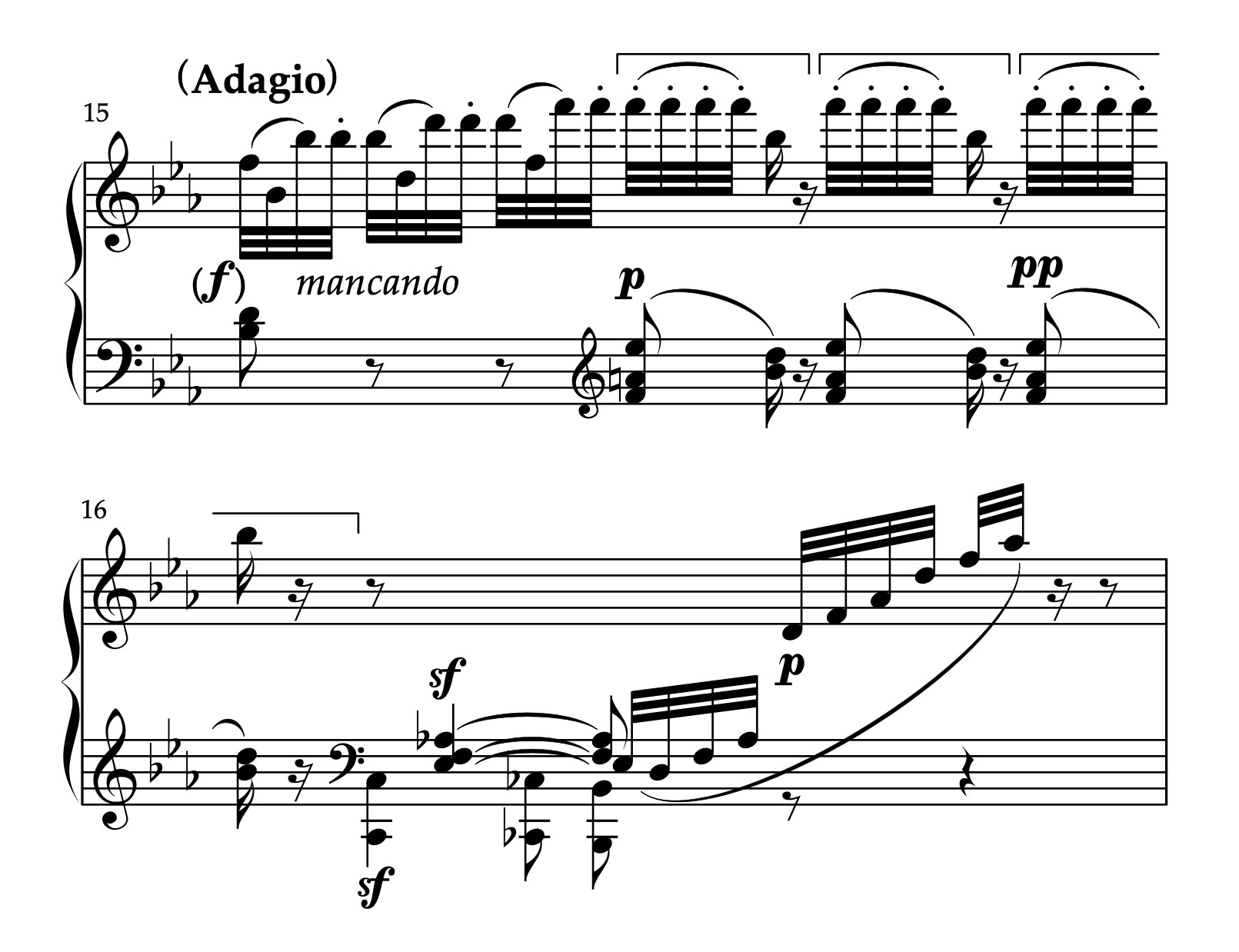 モーツァルト「ピアノソナタ ハ短調 K.457 第2楽章」15-16小節の楽譜。3回繰り返されるモチーフのうち、3回目がppでエコー表現となっている箇所を解説するための譜例。