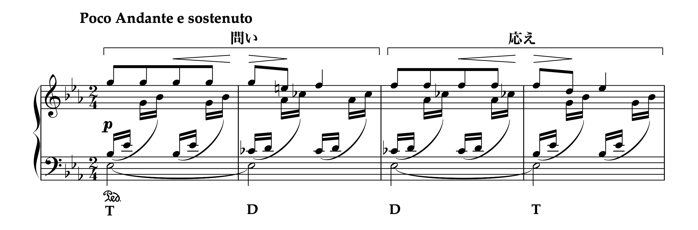 グリーグ 抒情小曲集 第1集 アリエッタ Op.12-1 冒頭の楽譜。和声的対比による対話関係の実例。