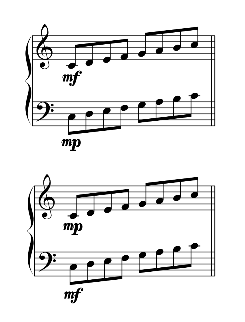オクターブユニゾンで書かれた譜例。音のバランスの違い（上のラインを強調、下のラインを強調）によって音楽的な表現が変わることを示している。