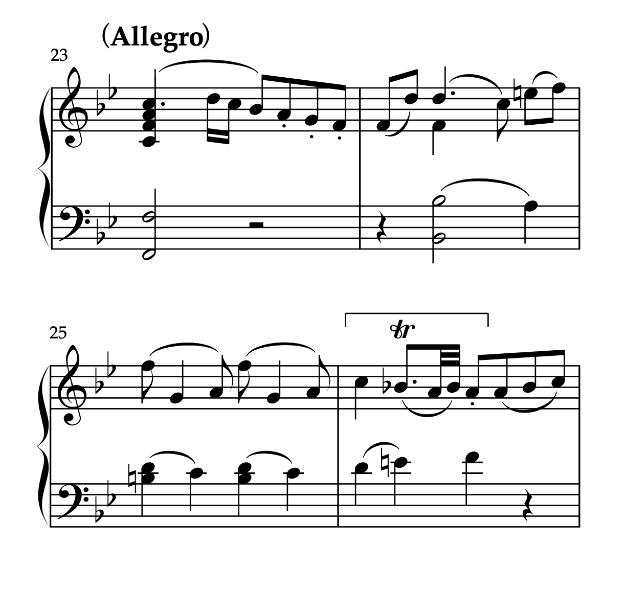 モーツァルト「ピアノソナタ 変ロ長調 K.333 第1楽章」の23-26小節の楽譜。カギマークで示された部分で上段と下段の音型が反行しており、音楽が閉じている。