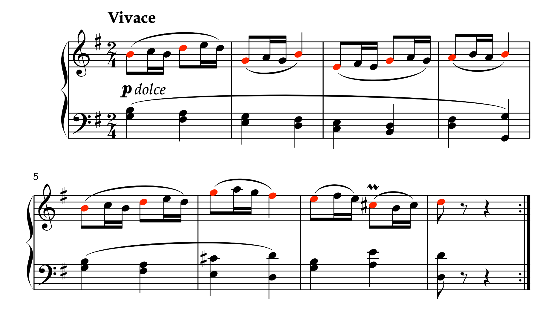 ベートーヴェン ピアノソナタ 第25番「かっこう」第3楽章 1-8小節 装飾パッセージの幹音を識別した譜例