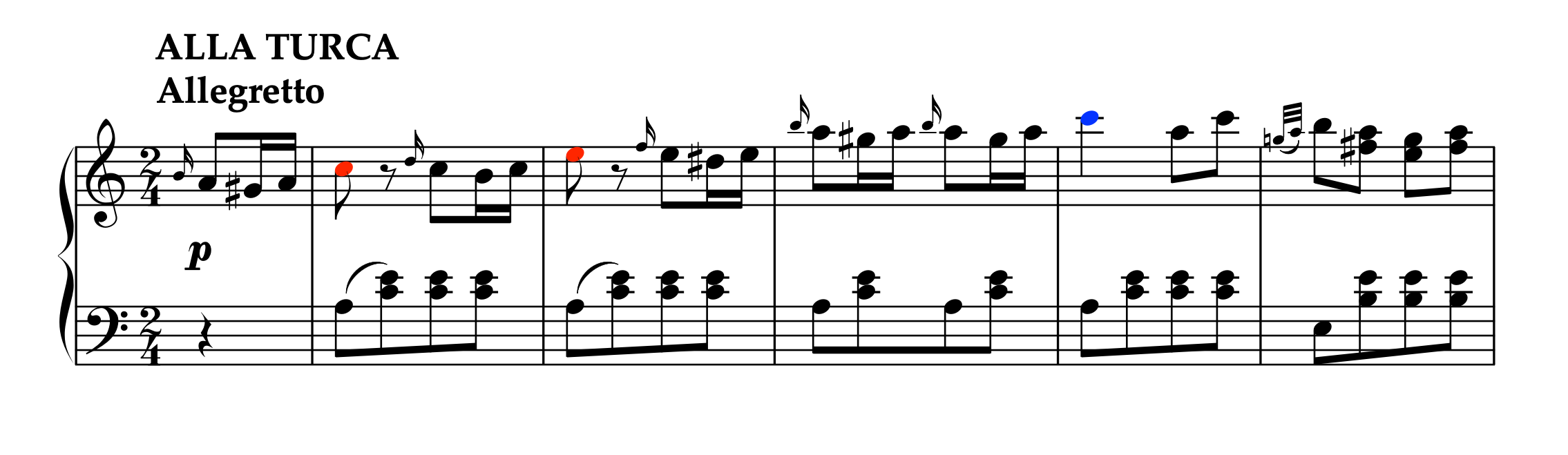 モーツァルト「トルコ行進曲」の譜例。音価について注意が必要な音符がカラーで示されている。