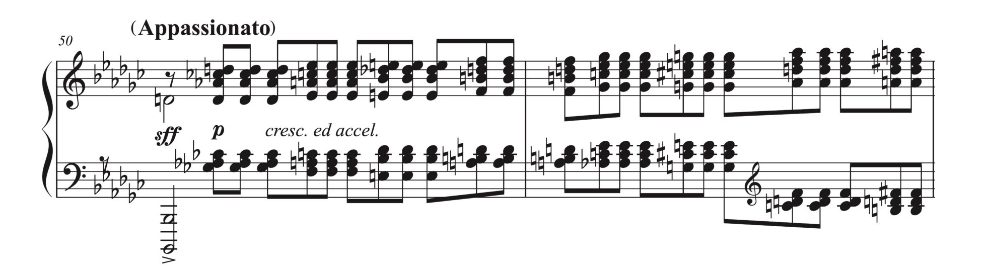ラフマニノフ「音の絵 Op.39-5」の50-51小節の楽譜。sff の和音の後に、p の和音が出てくる。