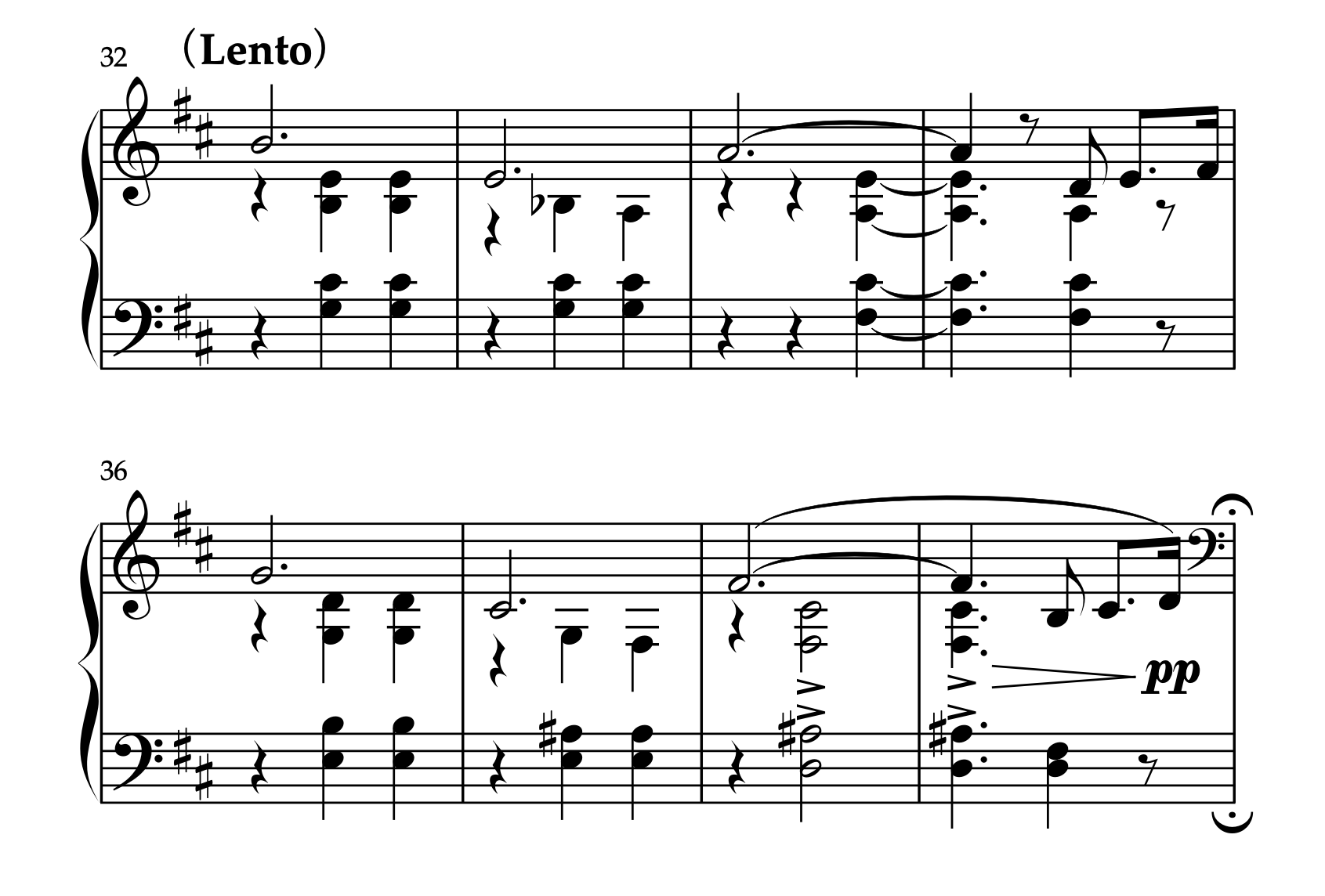 シベリウス「5つの小品 樹木の組曲 Op.75 第5曲 樅の木」32-39小節、入れ子書法が続く替え手の例。