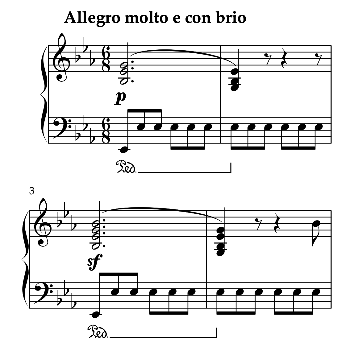 ベートーヴェン「ピアノソナタ 第4番 変ホ長調 Op.7 第1楽章」の楽譜、曲頭部分。