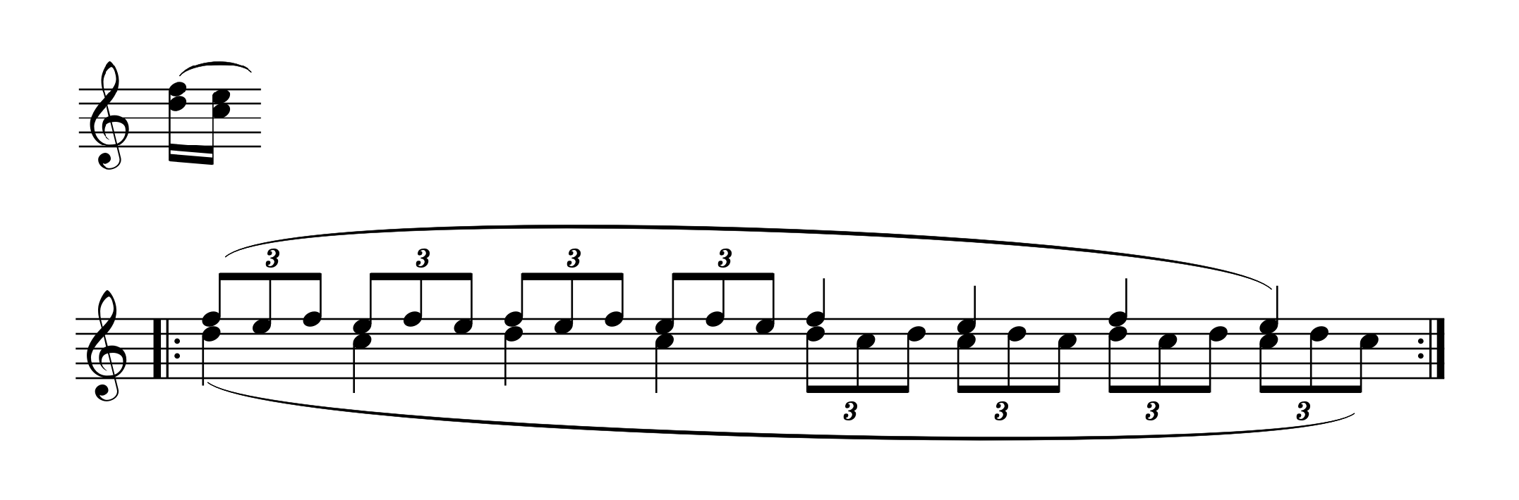 3度音程の連続を練習するための譜例。左上の通常の3度音程の連続に対し、その下の譜例では一方の音を保持し、もう一方の音をトリルで弾く練習方法が示されている。