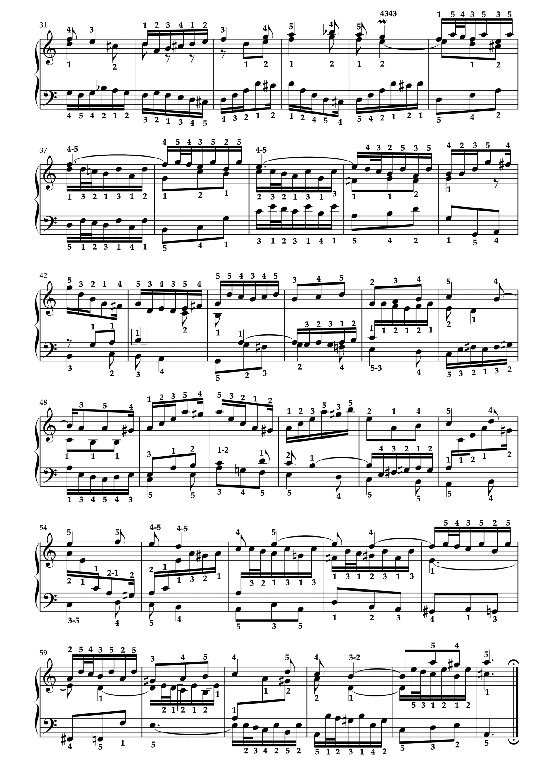 バッハ シンフォニア 第13番 BWV799 楽譜 2ページ目 全運指付き