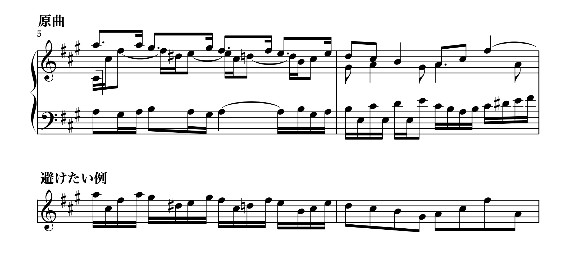 J.S.バッハ シンフォニア 第12番 BWV798 5-6小節 声部分離の注意点解説譜例