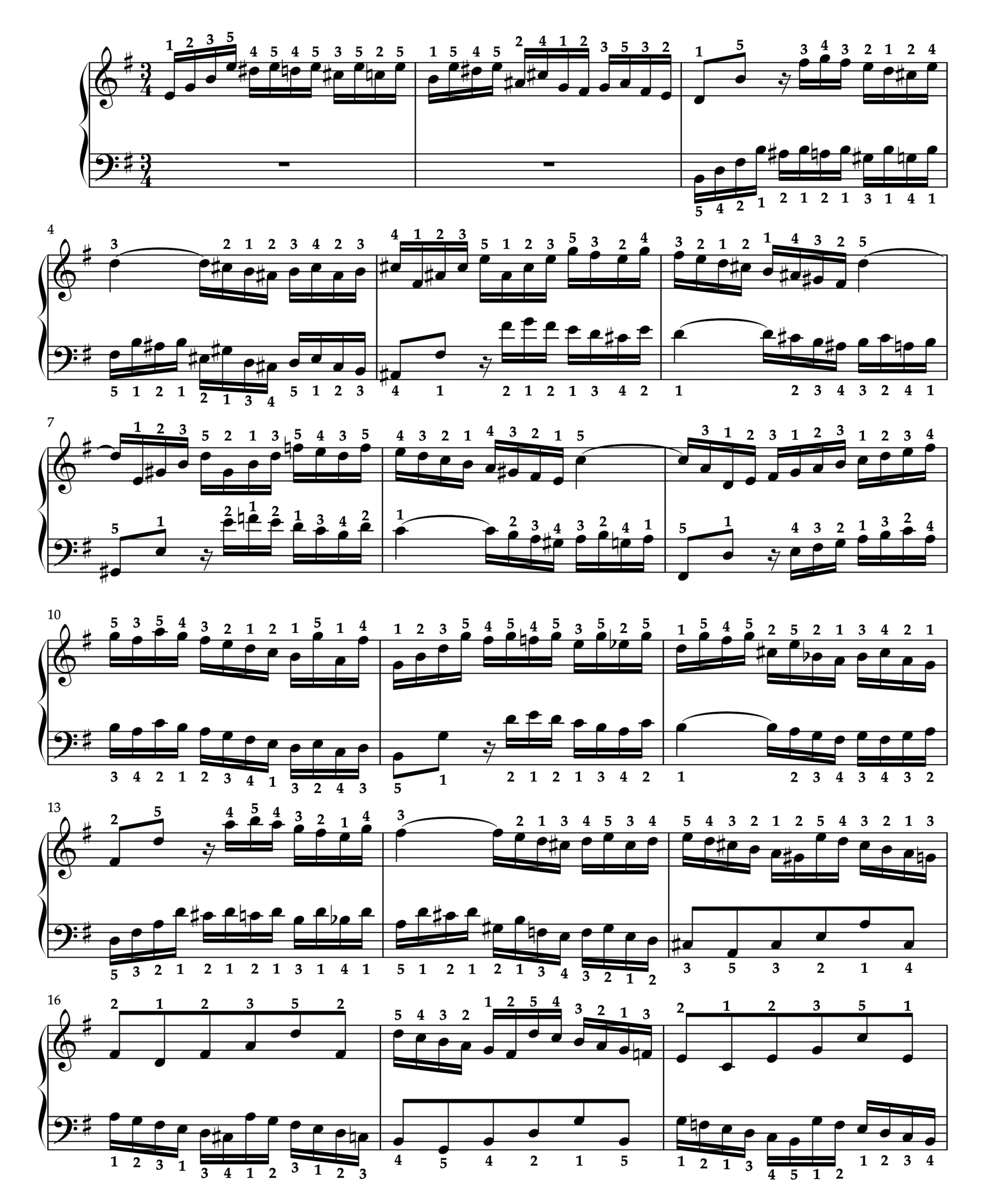 J.S.バッハ「平均律クラヴィーア曲集 第1巻 第10番 BWV855 ホ短調 より フーガ」運指付き楽譜 1ページ目