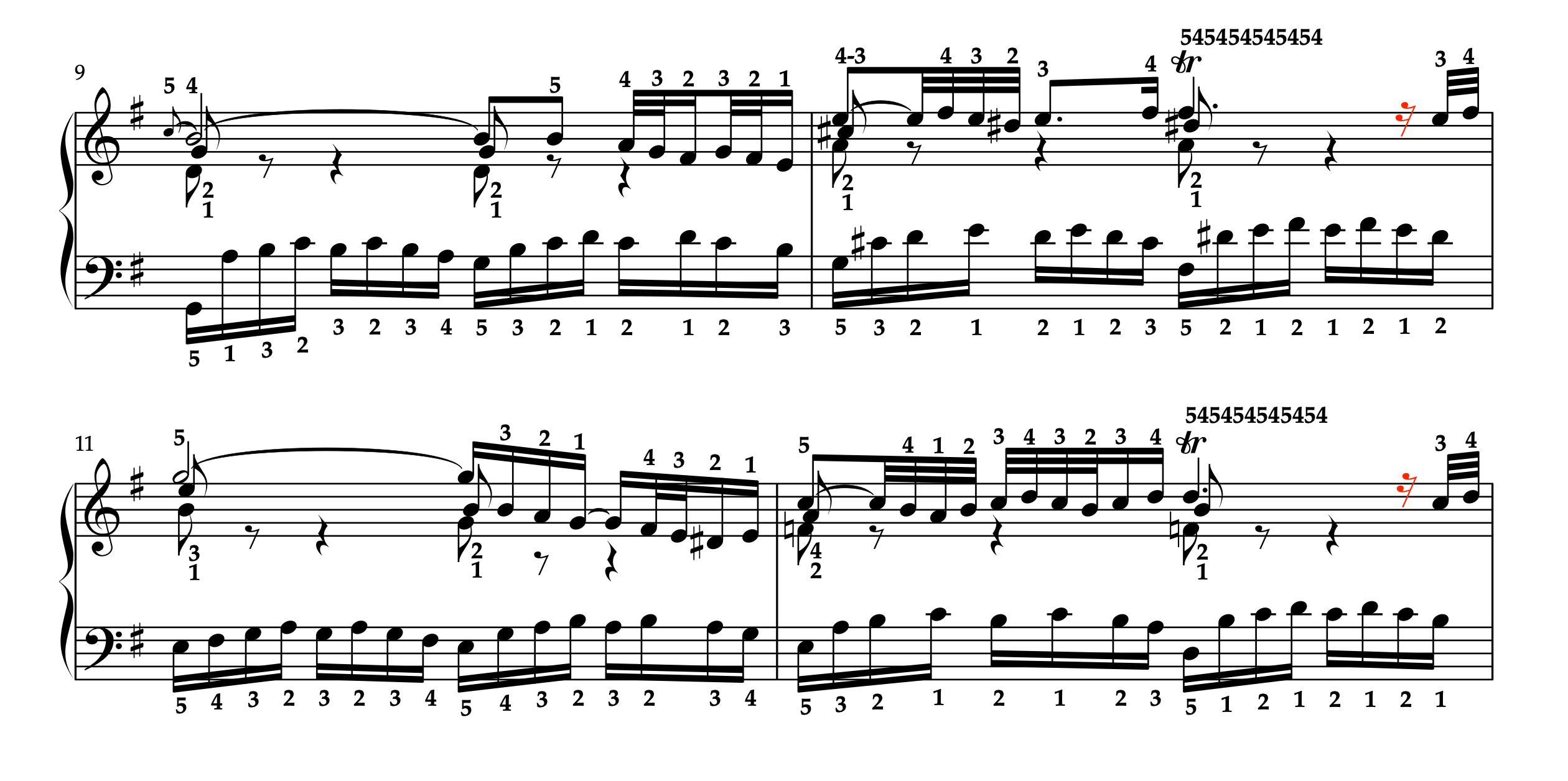 J.S.バッハ「平均律クラヴィーア曲集 第1巻 第10番 BWV855 ホ短調 より プレリュード」 9-12小節 トリル後の16分休符の注意を促している。