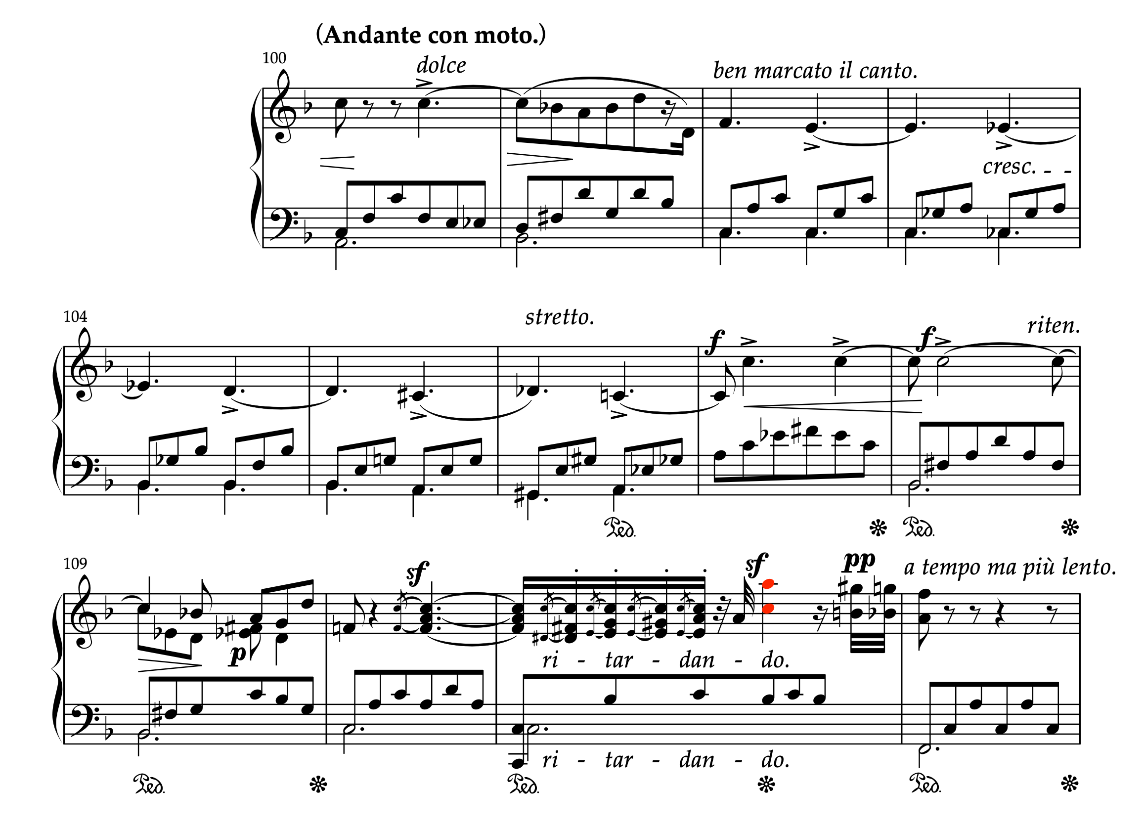 クララ・シューマン「音楽の夜会 Op.6 第2曲 ノットゥルノ」100-112小節の楽譜。クレッシェンド、f、>、sfなどの強弱記号が配置され、真のクライマックスである sf 部分が赤色音符で強調されている。