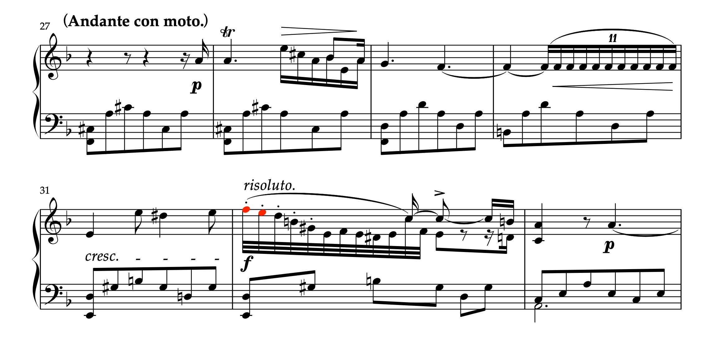 クララ・シューマン「音楽の夜会 Op.6 第2曲 ノットゥルノ」27-33小節の楽譜。30小節目の11連符とクレッシェンド、31小節目以降の f 領域でのクライマックス部分（赤色音符で表示）が示されている。