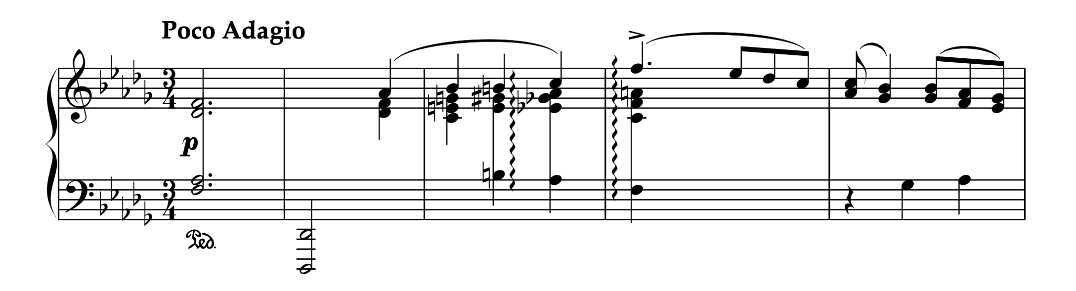 サン＝サーンス「左手のための6つのエチュード Op.135 より エレジー」冒頭部分の楽譜。アルペッジョと後出しバスを組み合わせた技法。