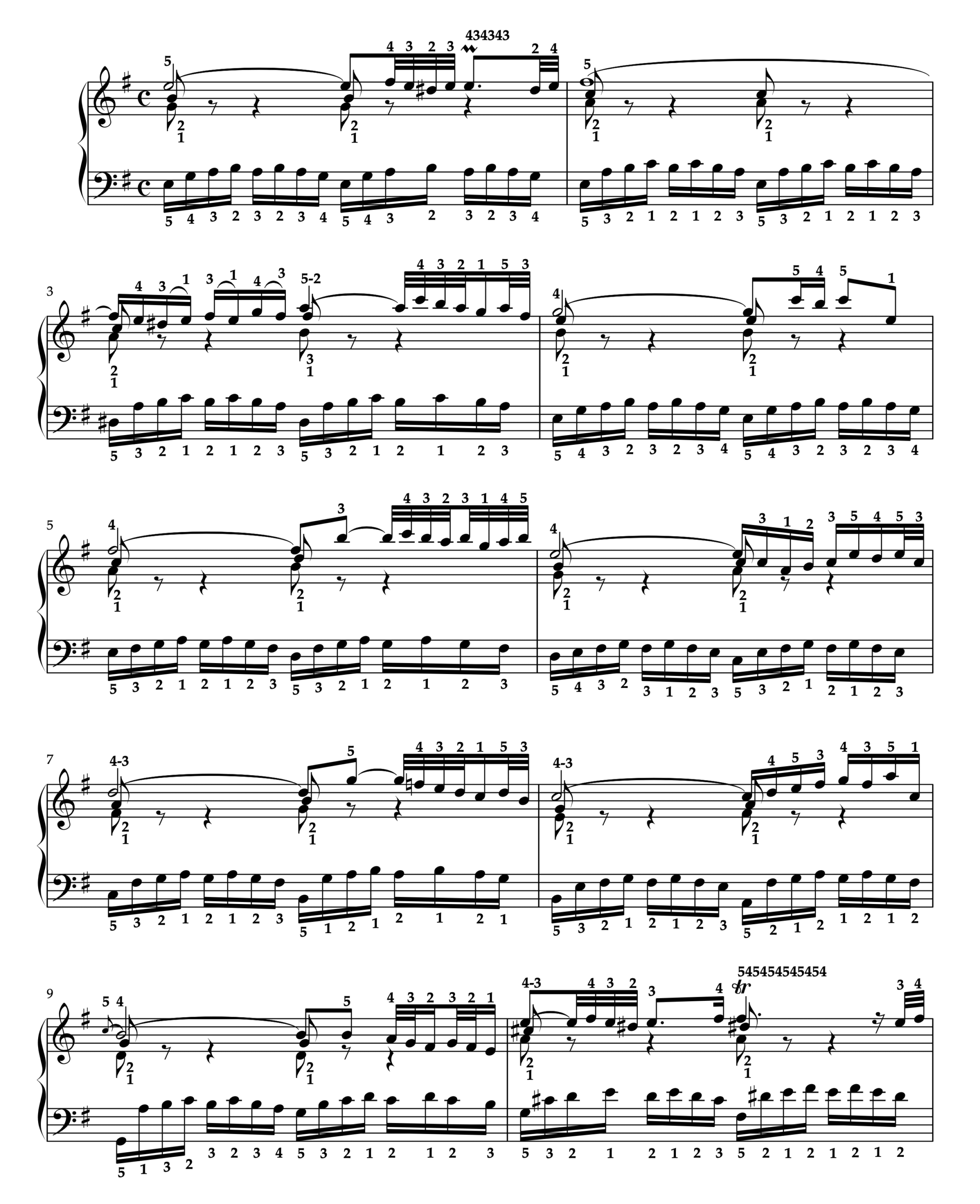 J.S.バッハ「平均律クラヴィーア曲集 第1巻 第10番 BWV855 ホ短調 より プレリュード」運指付き楽譜 1ページ目