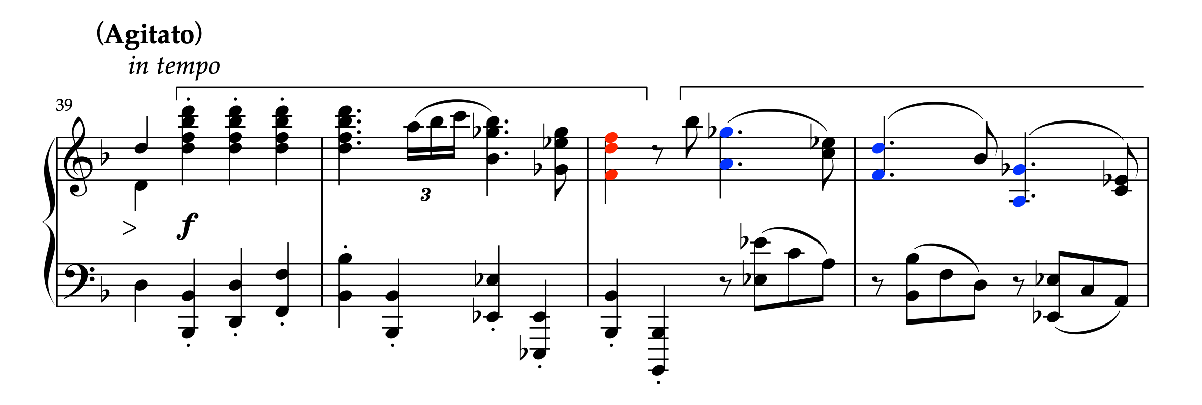 ブラームス「2つのラプソディ 第1番 Op.79-1 ロ短調」39-42小節。フレーズ構造を示した楽譜例。