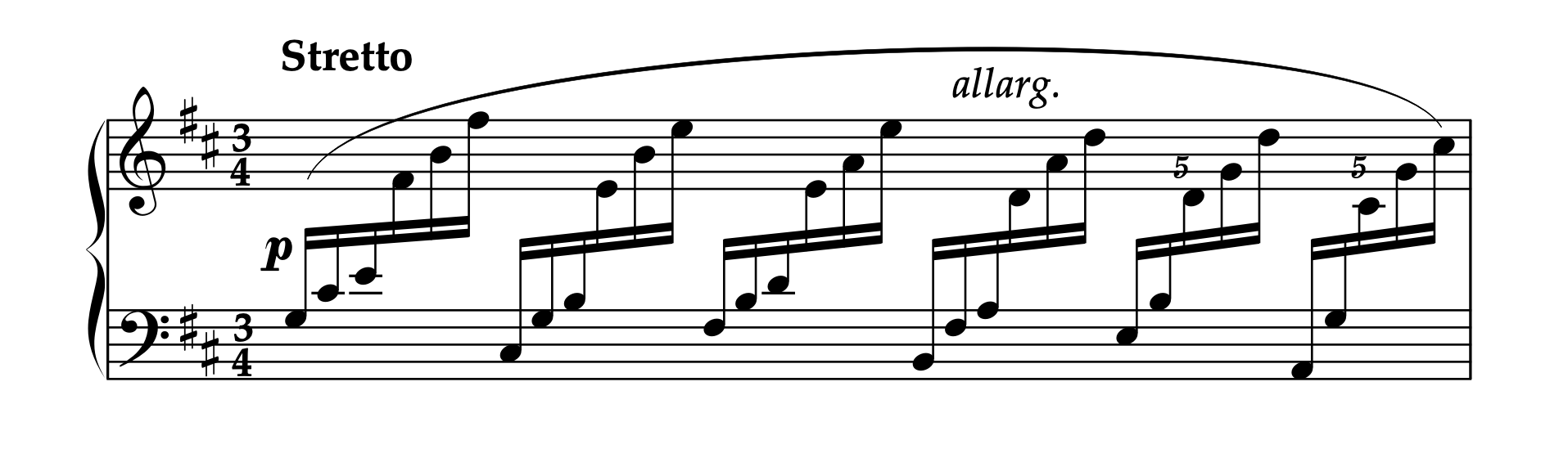 シベリウス「樅の木 Op.75-5」の冒頭1小節目、小節線を廃した記譜法と音価によるritardando効果を示す楽譜。