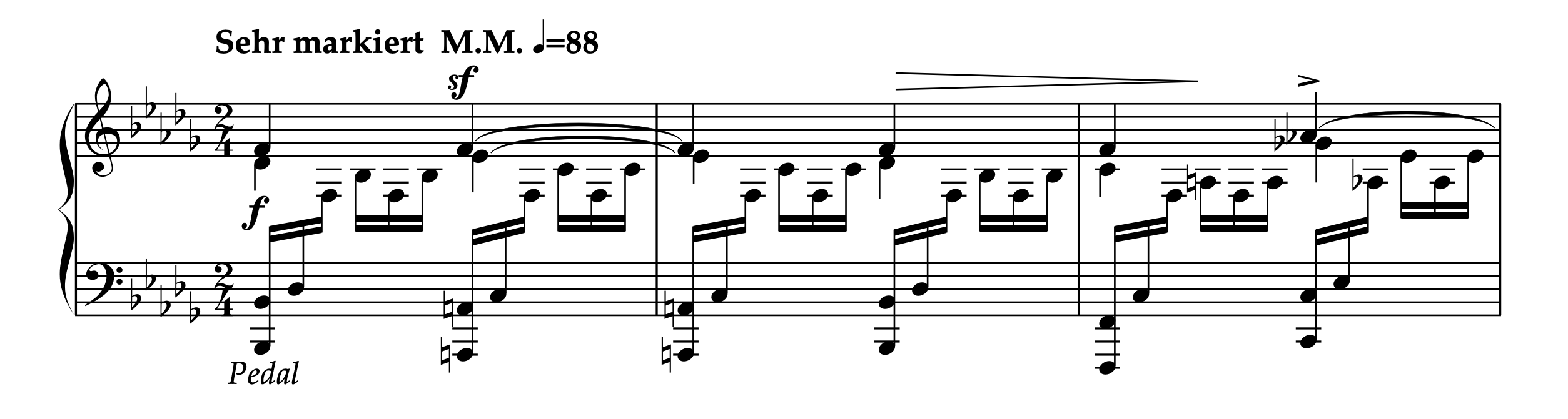 シューマン「3つのロマンス Op.28 第1番 変ロ短調」冒頭部分の楽譜。