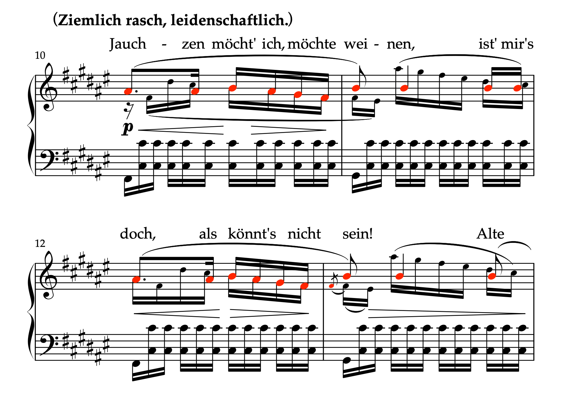 クララ・シューマン編曲「春の夜」10-13小節の楽譜。メロディから副旋律への別声部タイの実例。