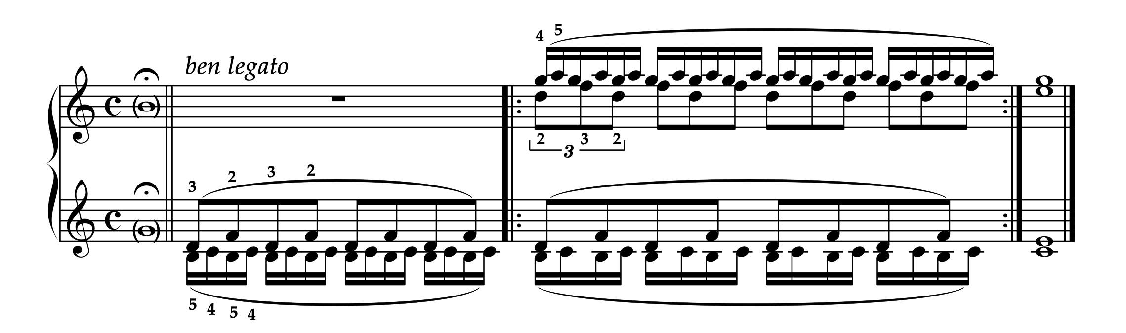 ブラームス「51の練習曲 より 第18番」冒頭の楽譜。左右の手で独立したリズムパターンを持つ高度なポリリズム例。