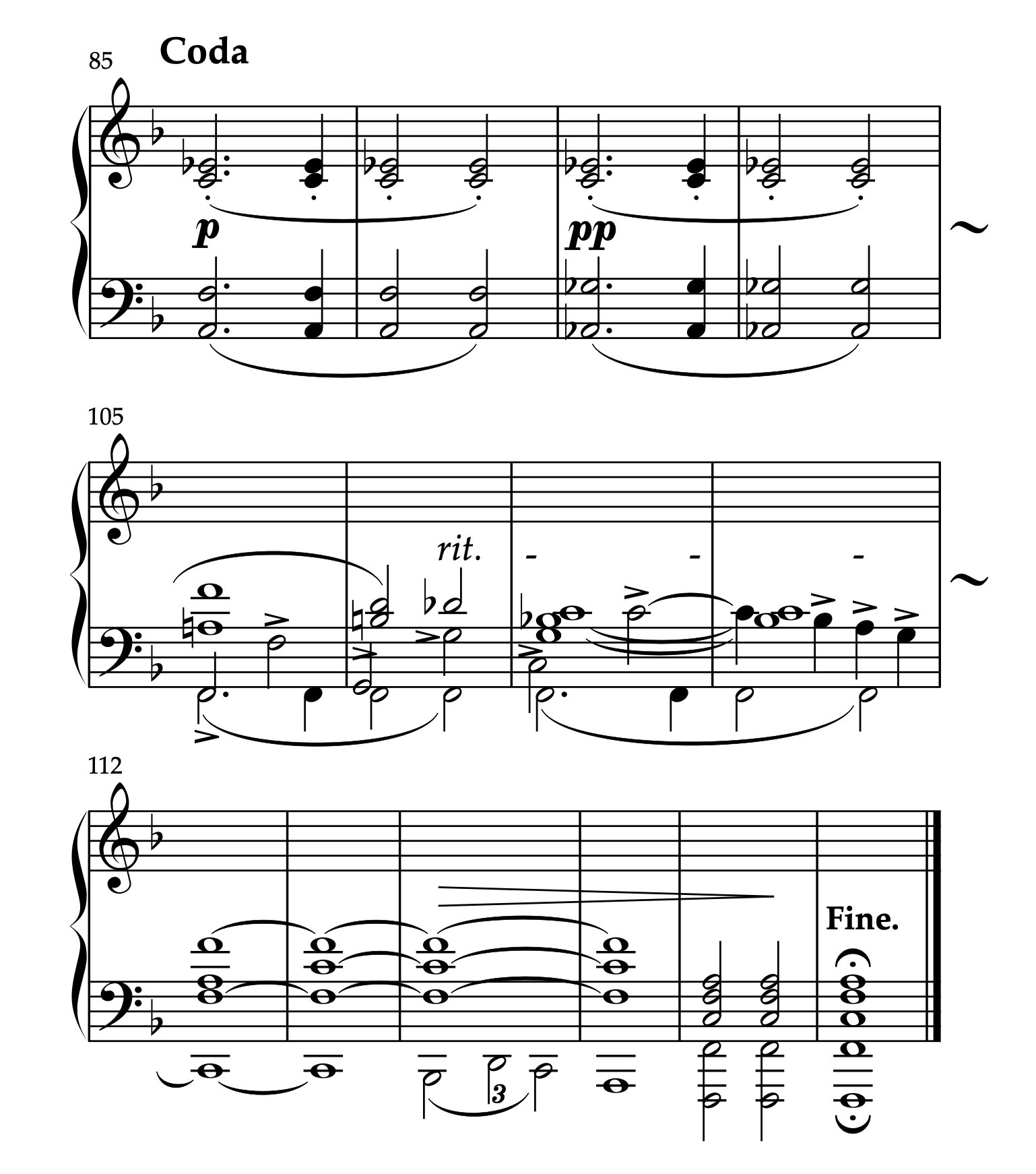 シューマン「幻想小曲集 Op.12 より 第8曲 歌の終わり」のコーダ部分（85-88小節、105-108小節、112-117小節）の楽譜。F-durの主和音が転回形や構成音省略形で現れ、完全な形での主和音提示が最後まで温存されている様子を示す譜例。