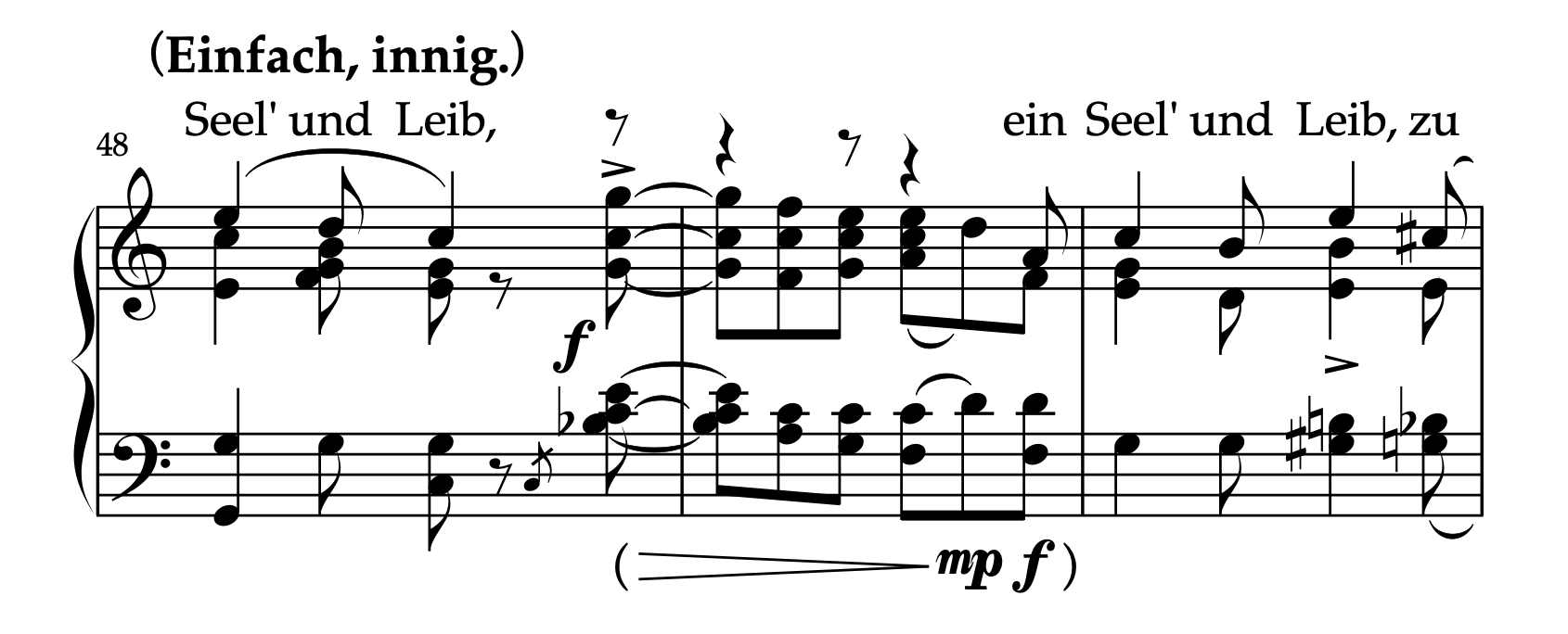 クララ・シューマン編曲「この上なくすばらしいこと」48-50小節のメロディ処理例。