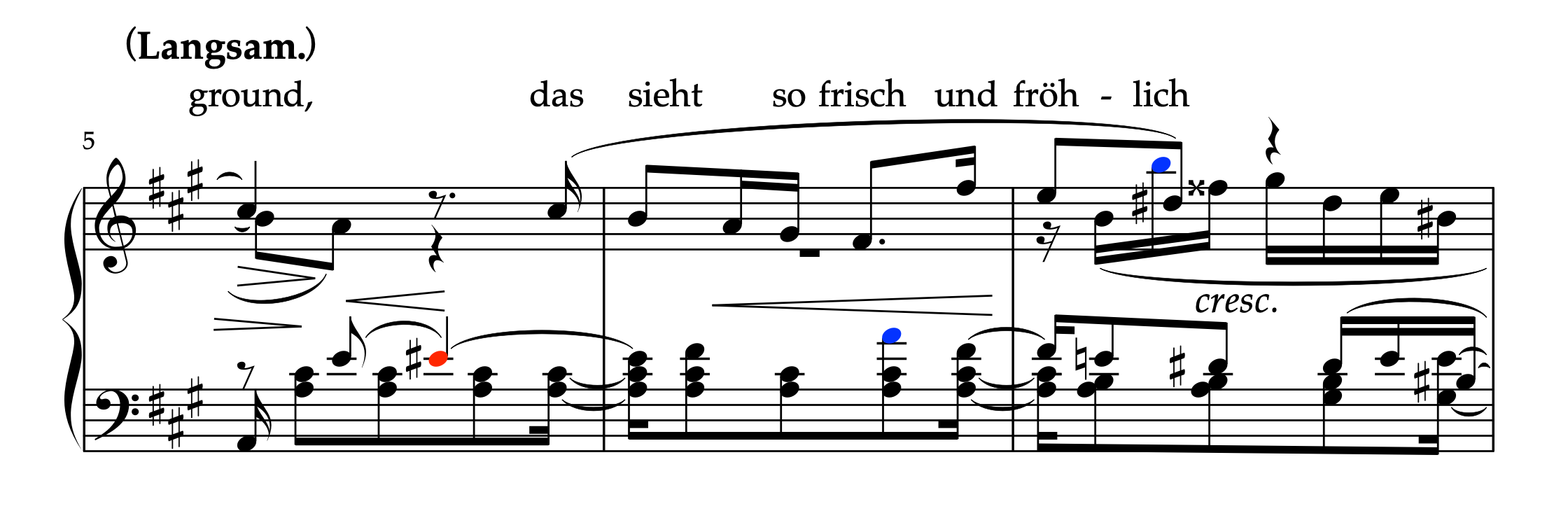 クララ・シューマン編曲「間奏曲」5-7小節、増三和音への変化と内声処理のポイントを示す楽譜。