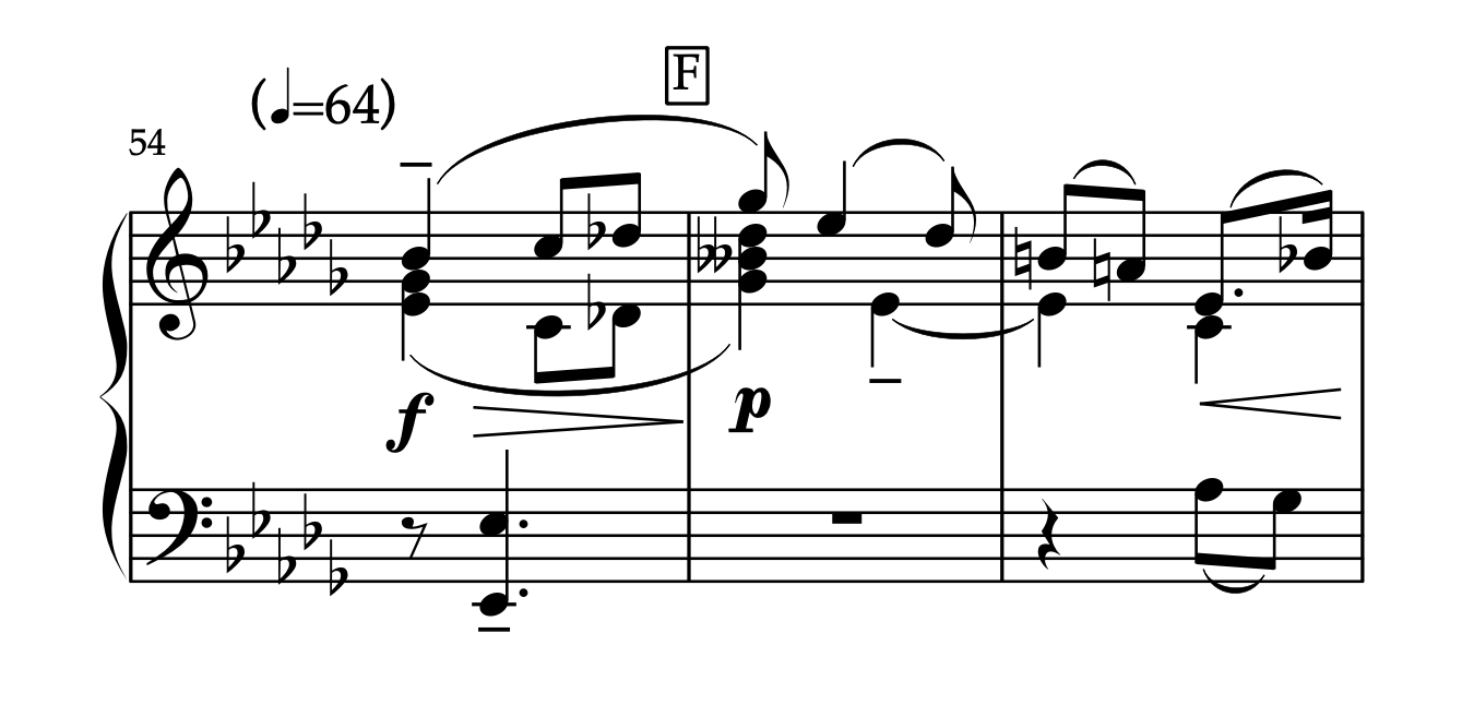 「愛のあいさつ 〜左手独奏のための〜」楽譜 54-56小節 音楽的なつなぎ方の解説。