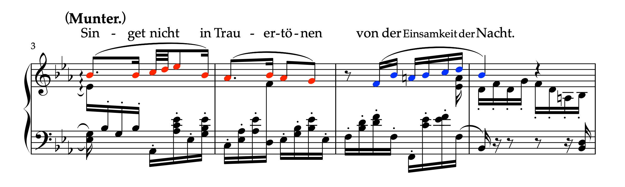 クララ・シューマン編曲「フィリーネの歌」3-6小節 メロディ導入部のリズミックな素材と歌唱的素材の対比。