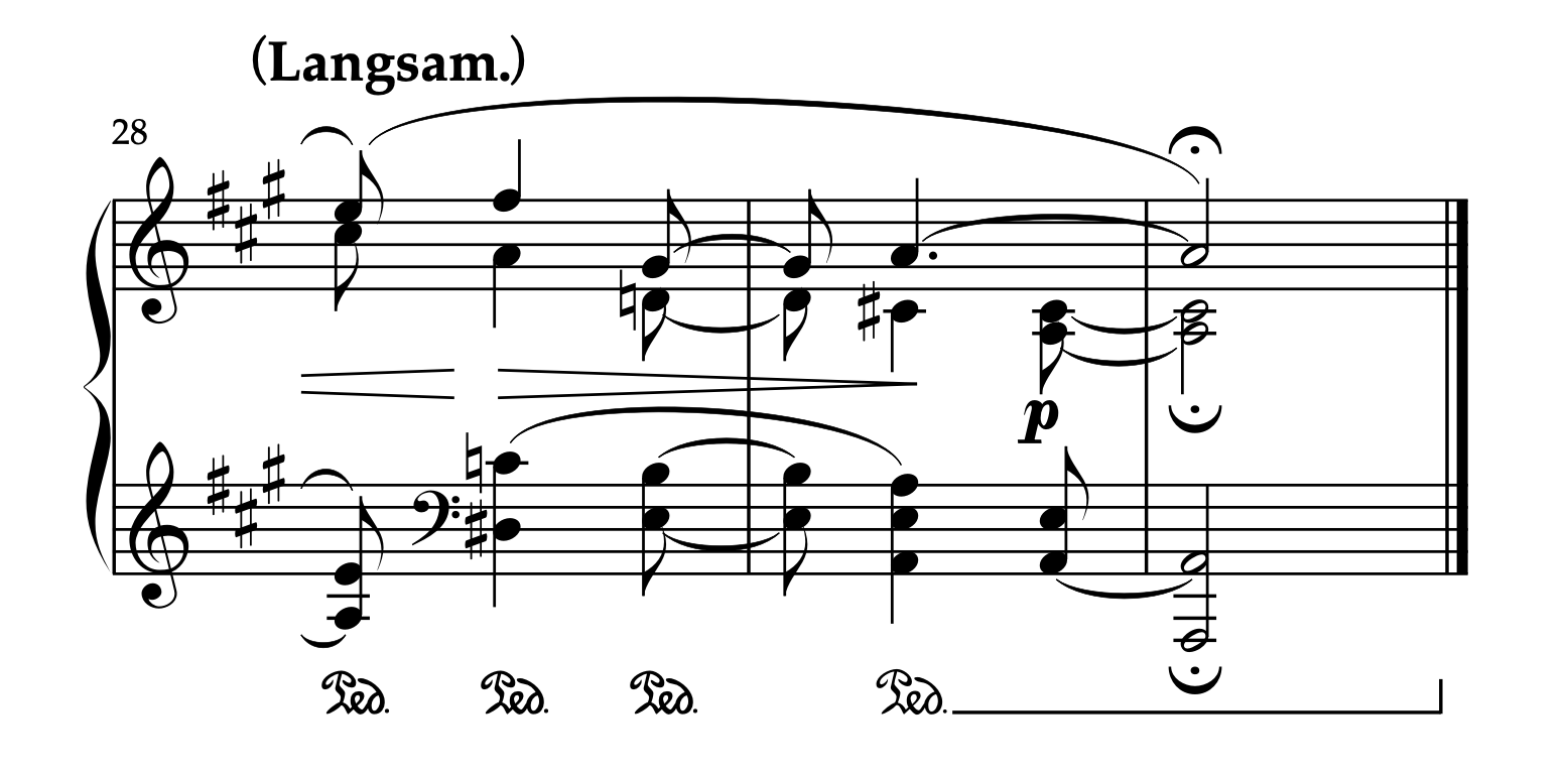 クララ・シューマン編曲「間奏曲」28-30小節、解釈Aに基づくメロディ処理とペダリングを示す改編楽譜。