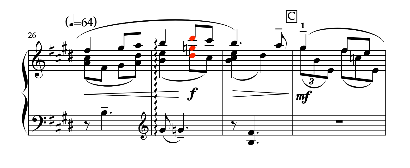 「愛のあいさつ 〜左手独奏のための〜」楽譜 26-29小節 音色変化とクロスリズムの解説。