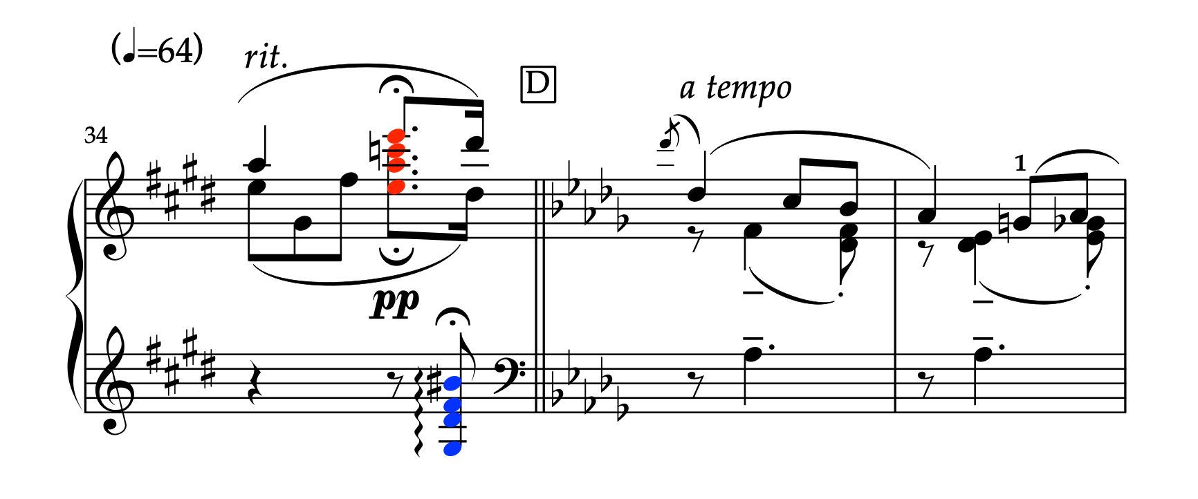 「愛のあいさつ 〜左手独奏のための〜」楽譜 34-36小節 フェルマータの扱い方の解説。