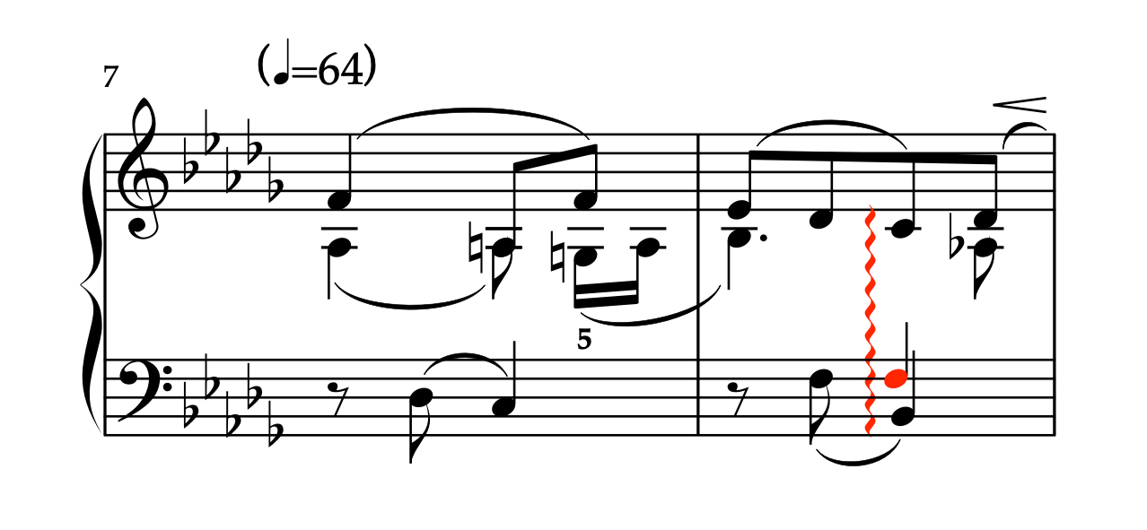 「愛のあいさつ 〜左手独奏のための〜」楽譜 7-8小節 音域の跳躍への対処法。