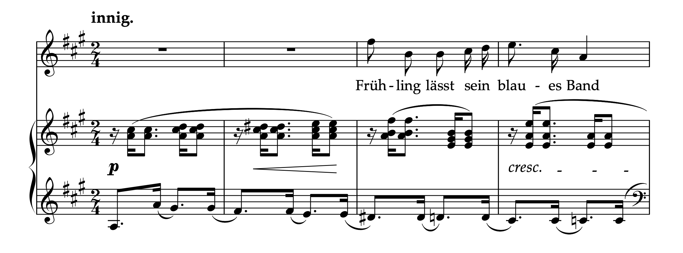 シューマン「子供のための歌のアルバム Op.79」より 第23曲「もう春だ」歌曲 原曲の冒頭の譜例。