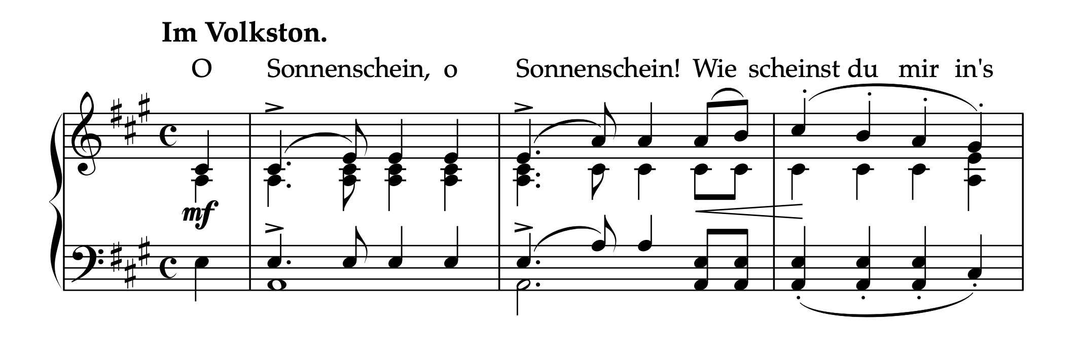 クララ・シューマン編曲「日の光に寄す」ピアノ独奏版の冒頭楽譜。