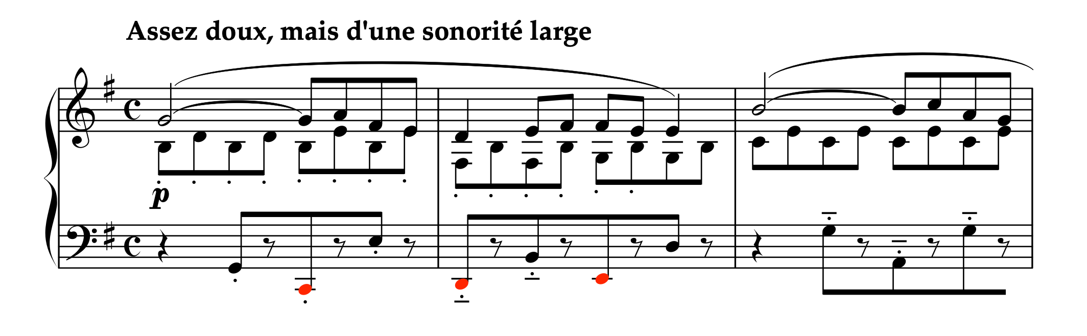 ラヴェル「亡き王女のためのパヴァーヌ」冒頭1-3小節の楽譜。