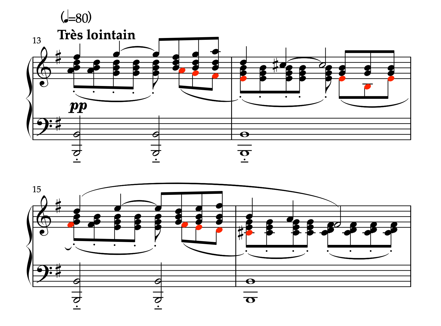 「亡き王女のためのパヴァーヌ」13-16小節の楽譜。