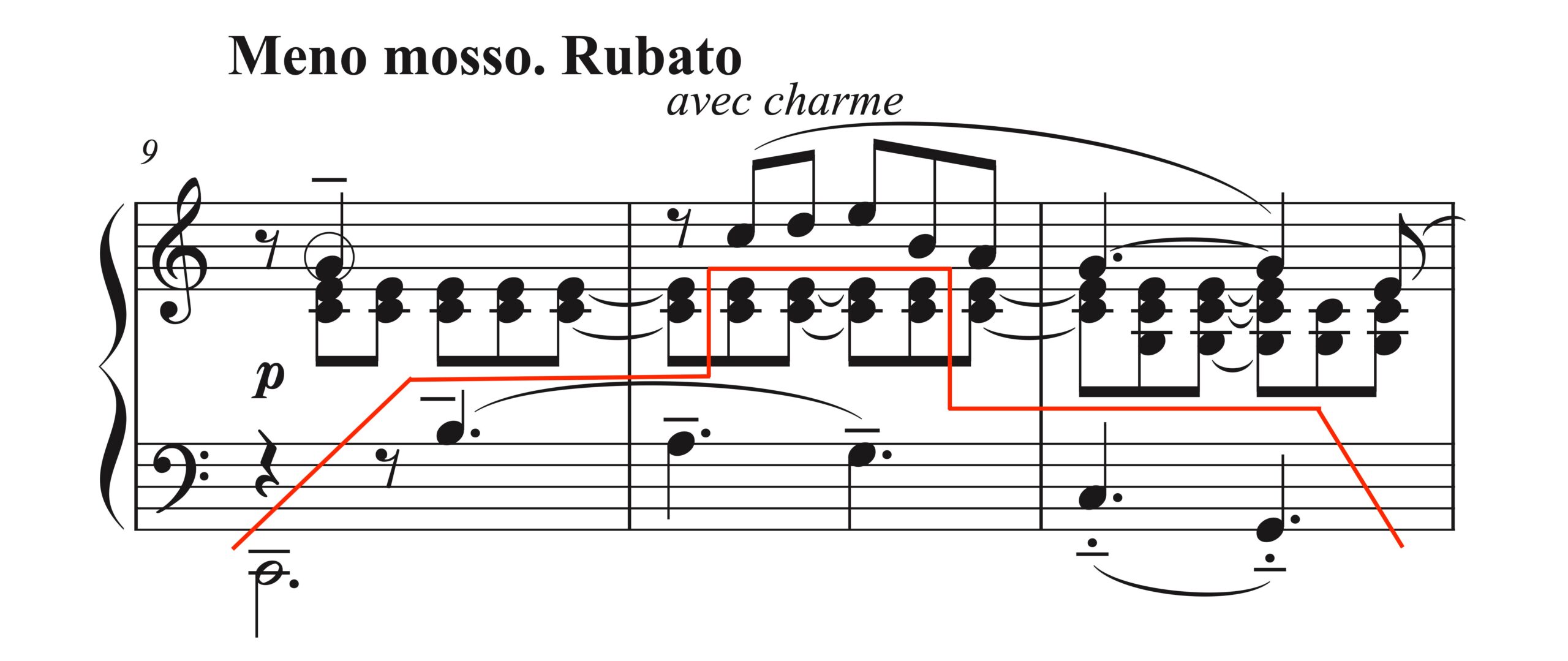 ラヴェル「シャブリエ風に」9-11小節の楽譜。