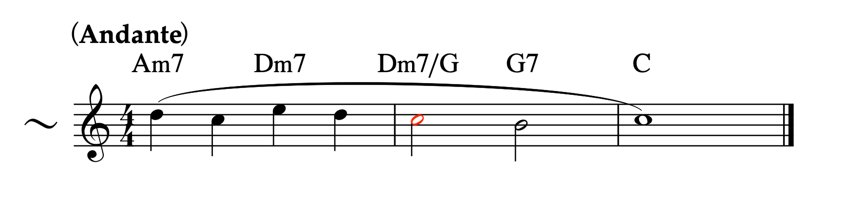 C major キーを例に、Dm7/GやG7からCへの進行においてメロディとの衝突を避ける方法を示す譜例。