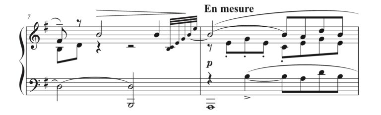「亡き王女のためのパヴァーヌ」7-8小節の楽譜。
