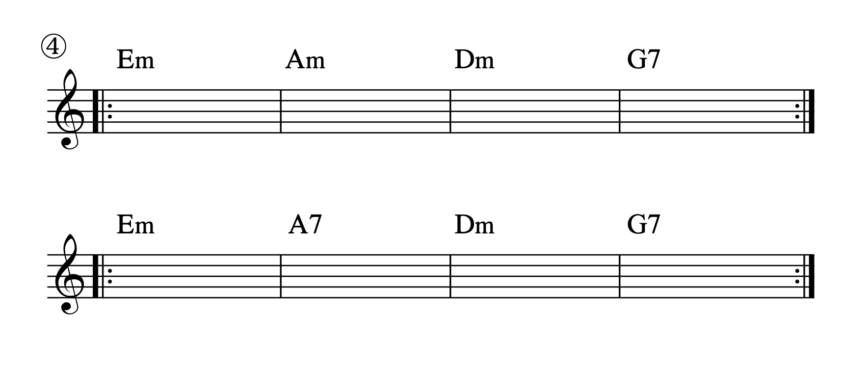 循環コードバリエーション：Em→A7→Dm→G7（セカンダリー・ドミナント使用）
