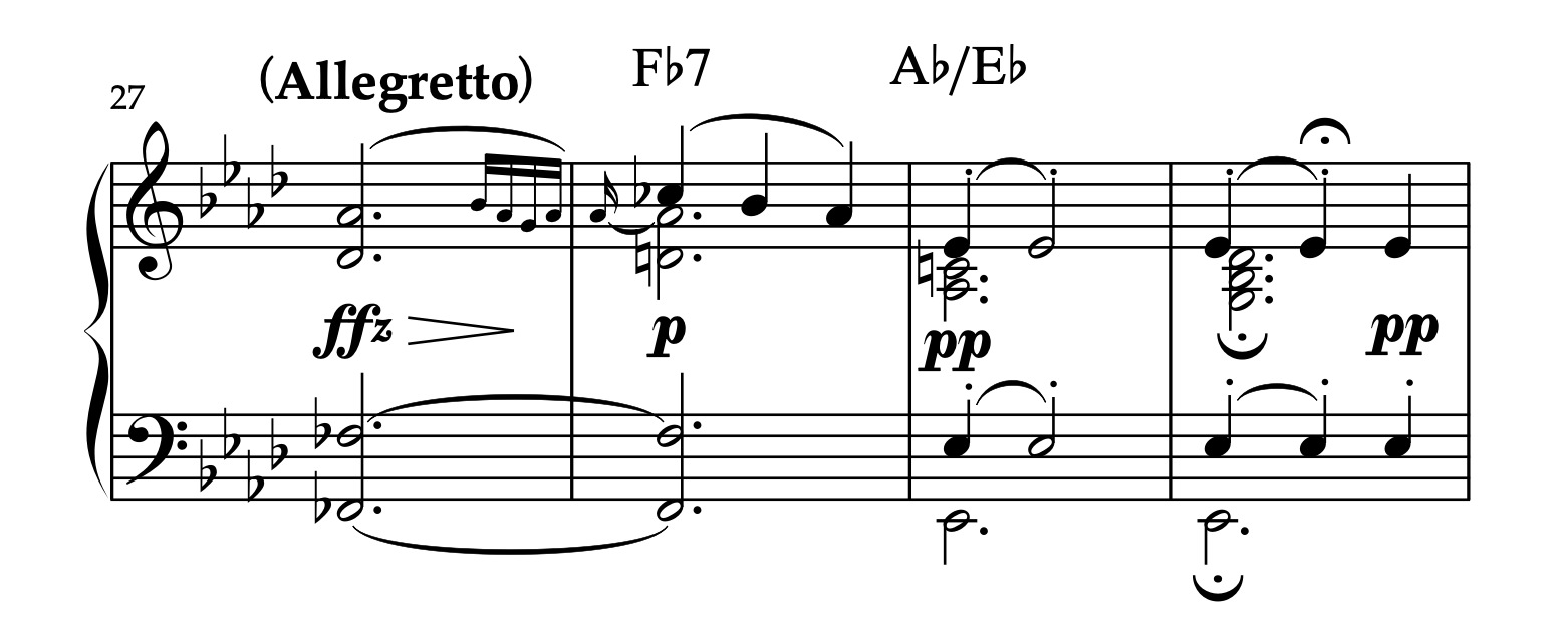 シューベルト「即興曲集 D 935 Op.142 より 第2曲」27-30小節におけるドイツ6の和音の実例楽譜。