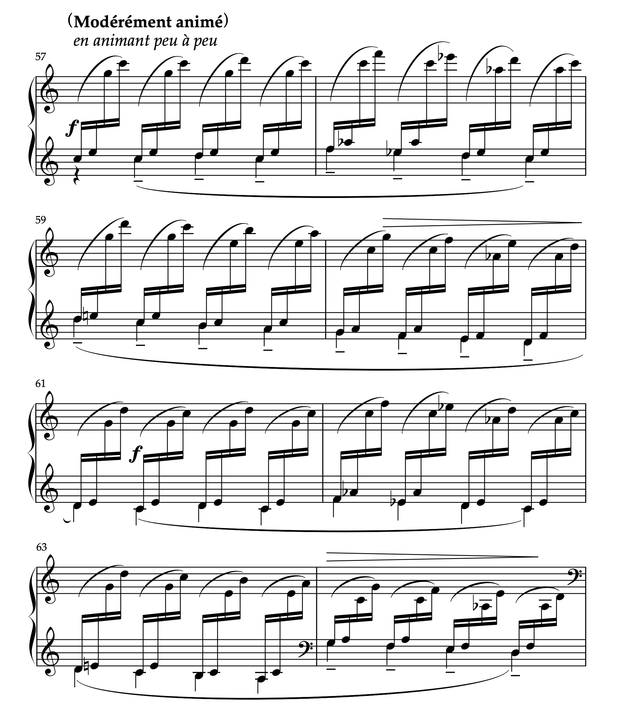 ドビュッシー「子供の領分 より グラドゥス・アド・パルナッスム博士」57-64小節の楽譜。61小節2拍目に重複する f 記号が記されている。