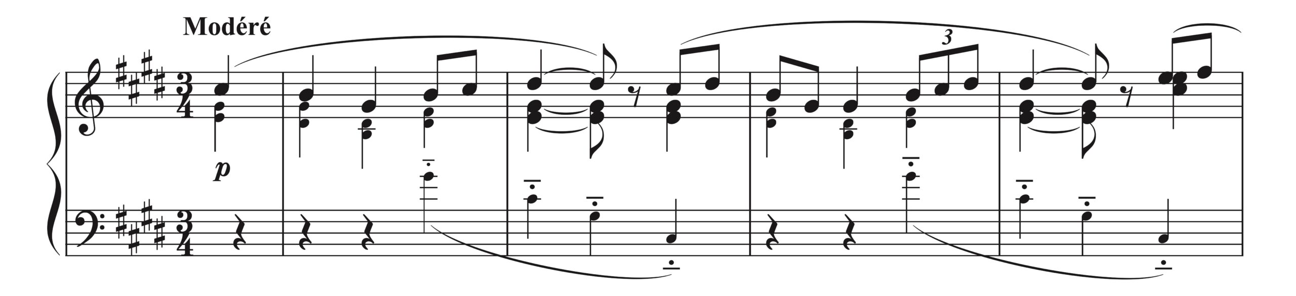 ラヴェル「メヌエット 嬰ハ短調」1-4小節の楽譜。