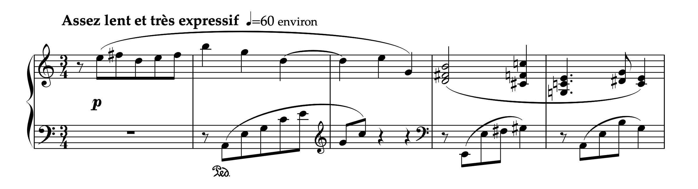 ラヴェル「前奏曲(1913)」冒頭1-5小節の楽譜。