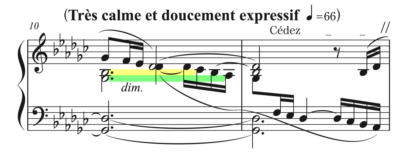 ドビュッシー「亜麻色の髪の乙女」10-11小節の楽譜。